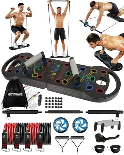 HOTWAVE Portable Exercise Equipment with 16 Gym Accessories.20 in 1 Push Up Board Fitness,Resistance Bands with Ab Roller Wheel,Home Workout for Men