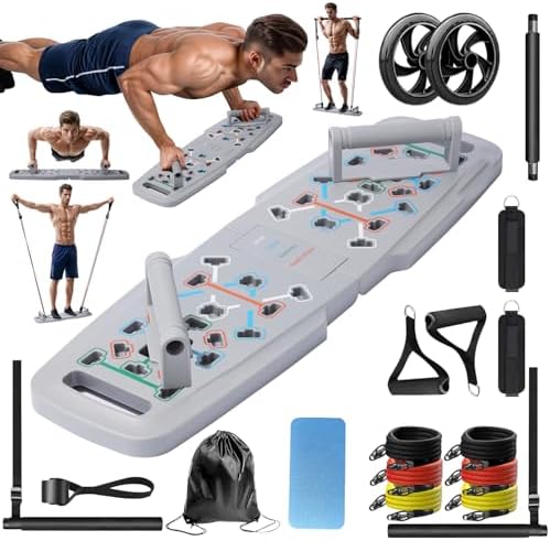 Push Up Board,Home Gym,Portable Exercise Equipment,Pilates Bar & 20 Fitness Accessories with Resistance Bands & Ab Roller Wheel,Full Body Workout at Home.