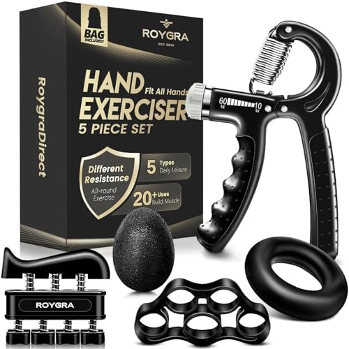 roygra Hand Grip Strengthener, Adjustable Grip Strength Trainer with 4 Exercise Tools – Set of 5