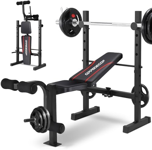 OPPSDECOR Standard Weight Bench Set with Squat Rack, Adjustable Bench Press Set with Leg Extension and Leg Curl, Flat Incline Decline Workout Bench for Home Gym Full Body Strength Training