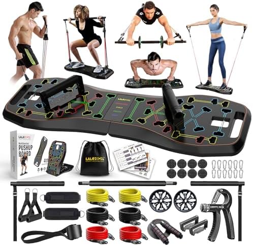 LALAHIGH Portable Home Gym System: Large Compact Push Up Board, Pilates Bar & 20 Fitness Accessories with Resistance Bands Ab Roller Wheel – Full Body Workout for Men and Women, Gift for Boyfriend