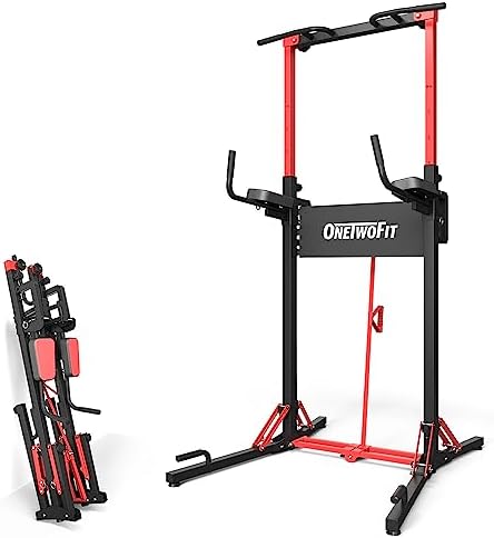 ONETWOFIT Power Tower Pull Up Bar Station, Multi-Function Adjustable Height Foldable Dip Station for Home Gym Workout, Heavy Duty Strength Training Fitness Equipment, Pull Up Stand