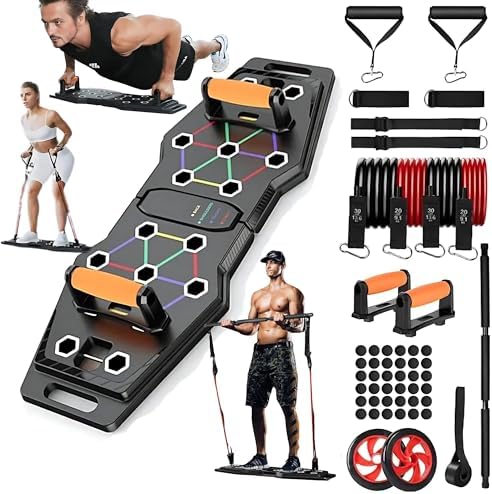 Portable Push Up Board, Foldable, Multifunction with Color-Coded Positions and Accessories for Home Gym, Upper Body Strength