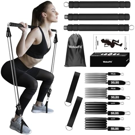 Pilates Bar – WeluvFit Pilates Bar Kit with Resistance Bands, Pilates Bar with Non-Slip Foot Strap/Anti-Break /3-Section/Exercise Equipment for Ballet, Home Workouts, Squat, Yoga for Full Body