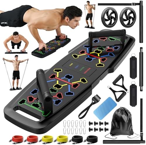 Push Up Board,Home Gym,Portable Exercise Equipment,Pilates Bar & 20 Fitness Accessories with Resistance Bands & Ab Roller Wheel,Full Body Workout at Home